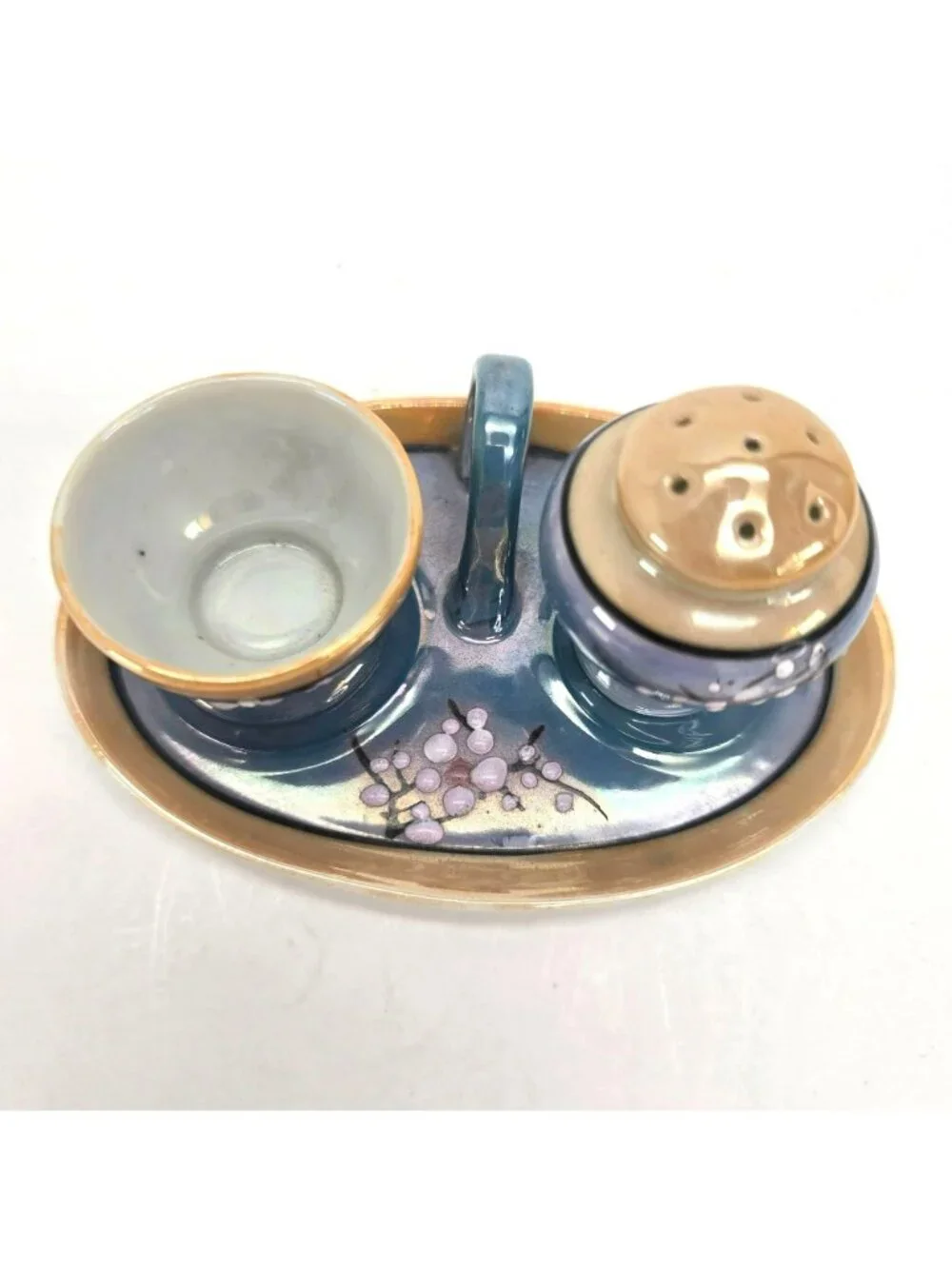Vintage Lusterware Egg Coddler & Salt Shaker Set With Tray Blue Peach je160